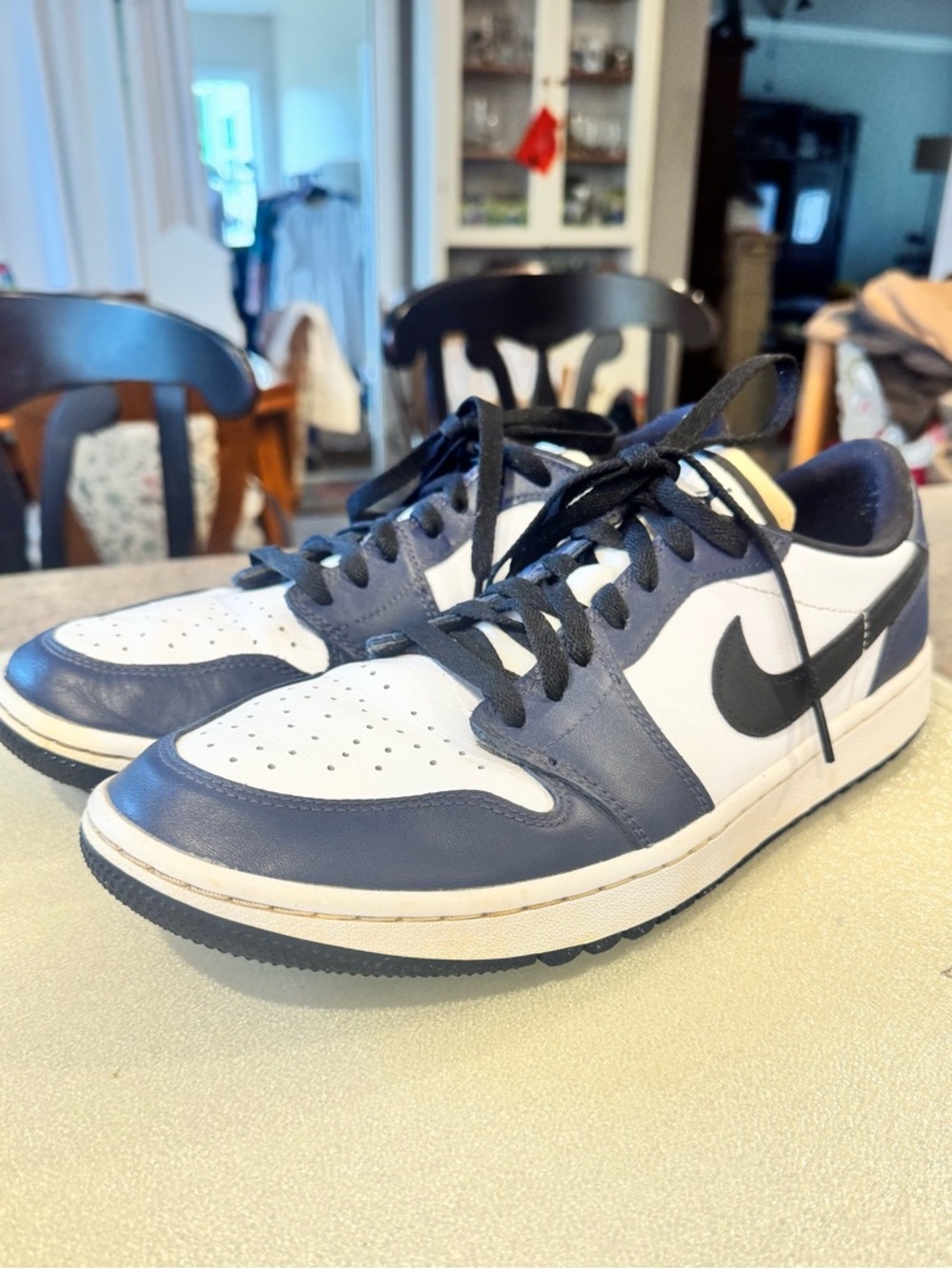 Men’s Nike Air Jordan 1 Low Golf Sneakers — White & Navy with Black Swoosh